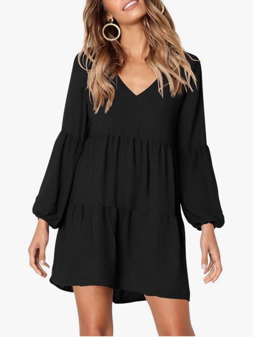 Black V-Neck Tiered Babydoll Dress